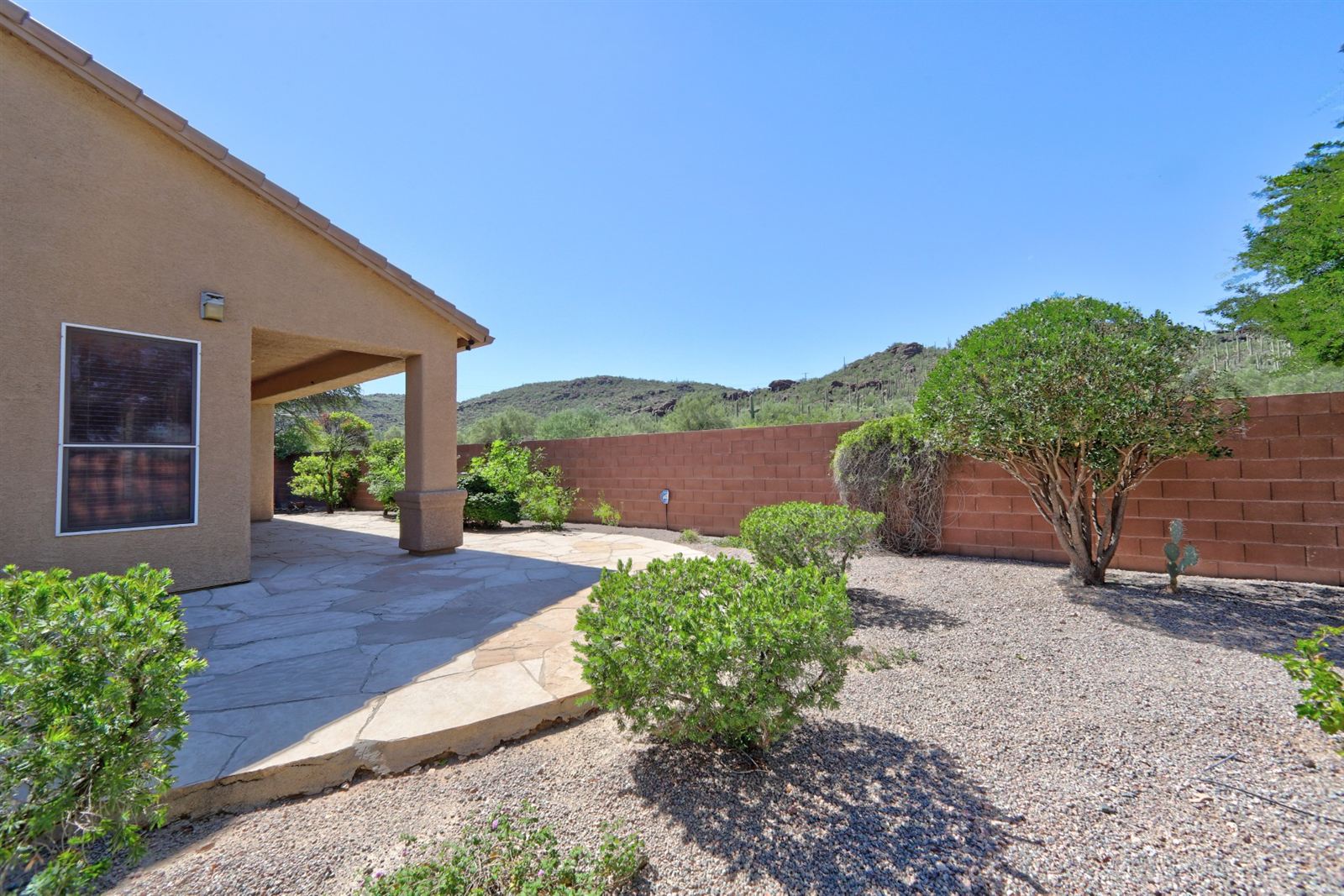 Back yard with desert landscaping and block wall