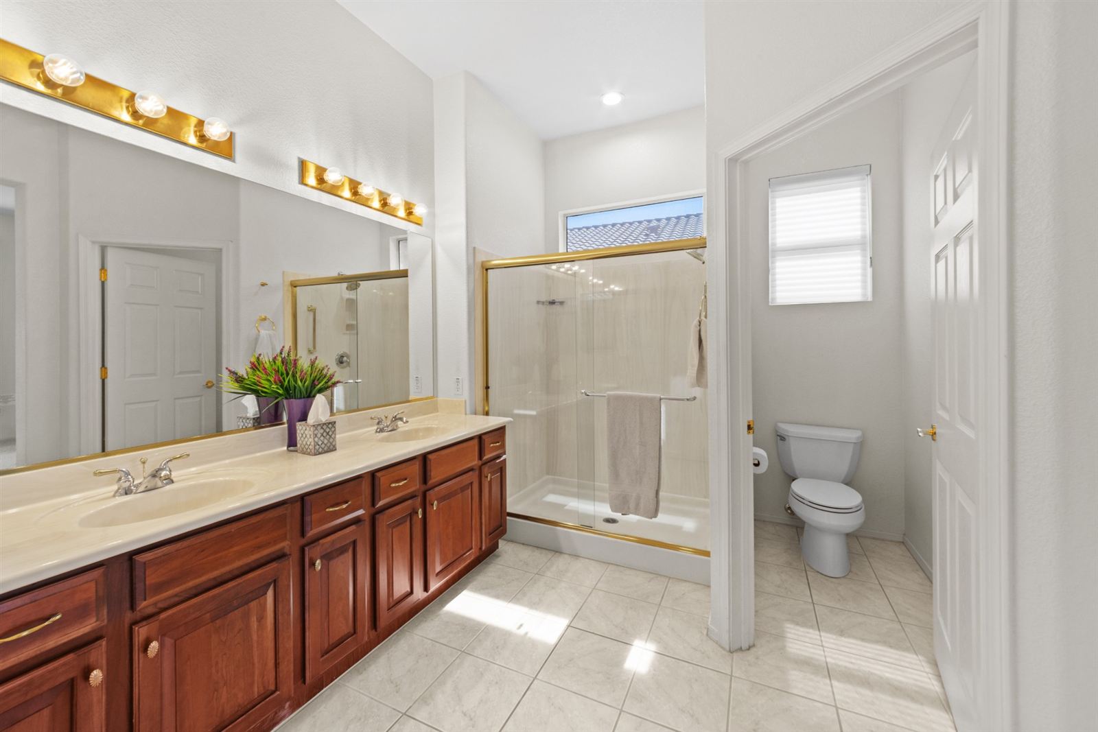 Bathroom with glass-enclosed shower